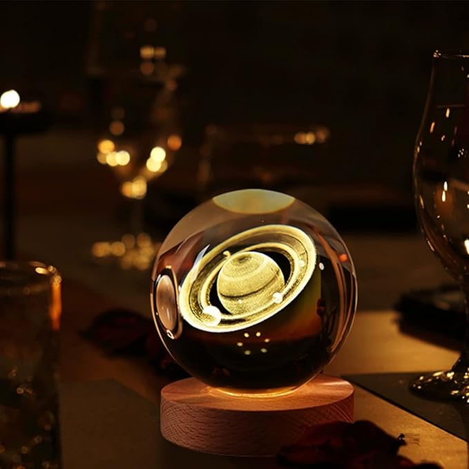 3D Galaxy Crystal Ball Night Light with Wooden Base