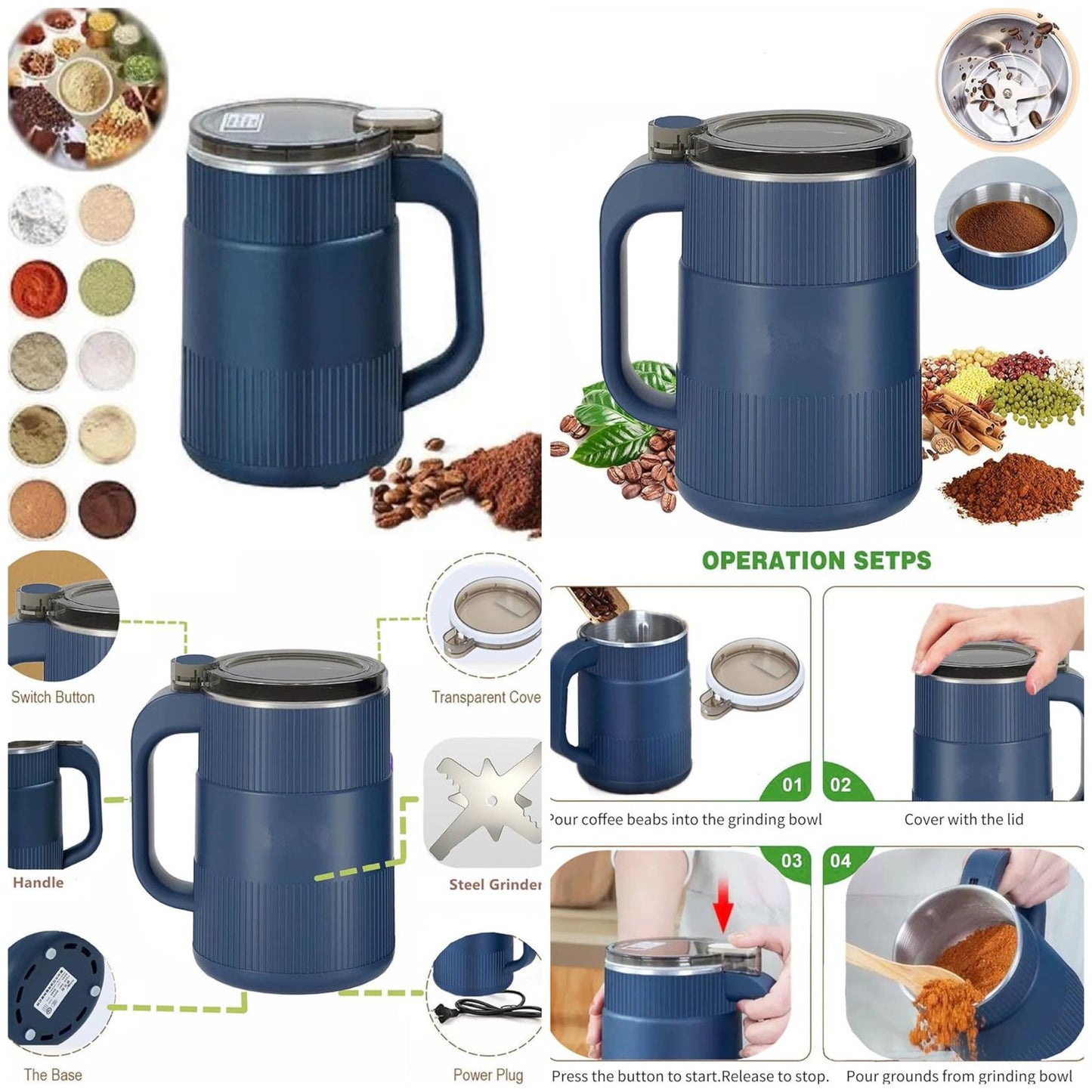 Electric Coffee & Spice Grinder, Household Small Powder Grinding Machine with Stainless Steel Blade, Coffee Bean/Dry Herb