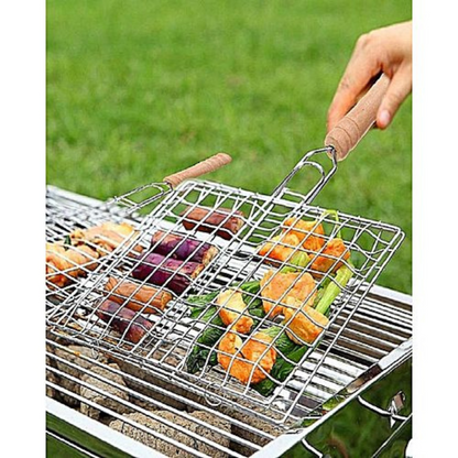 Outdoor BBQ Grilling Basket – Stainless Steel Wire Net with Wooden Handle - Unikaart