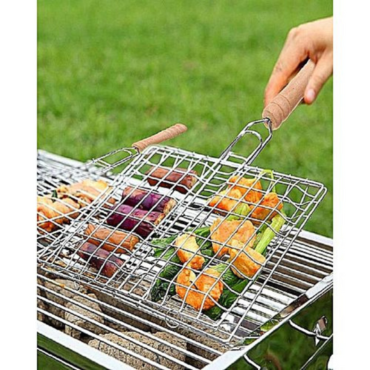 Outdoor BBQ Grilling Basket – Stainless Steel Wire Net with Wooden Handle - Unikaart