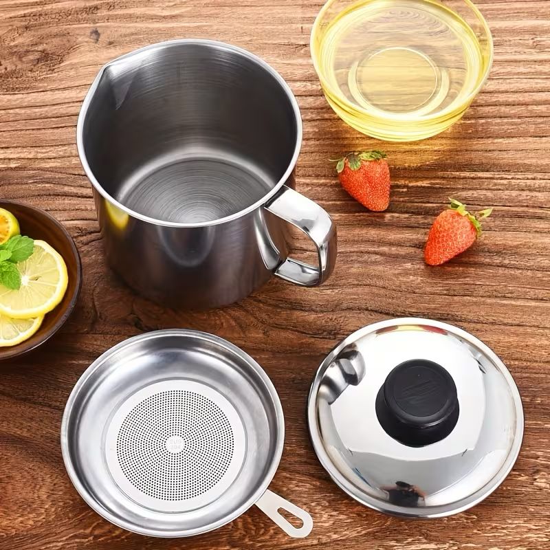 Stainless Steel 1.2 L Oil Storage & Strainer Pot with Lid