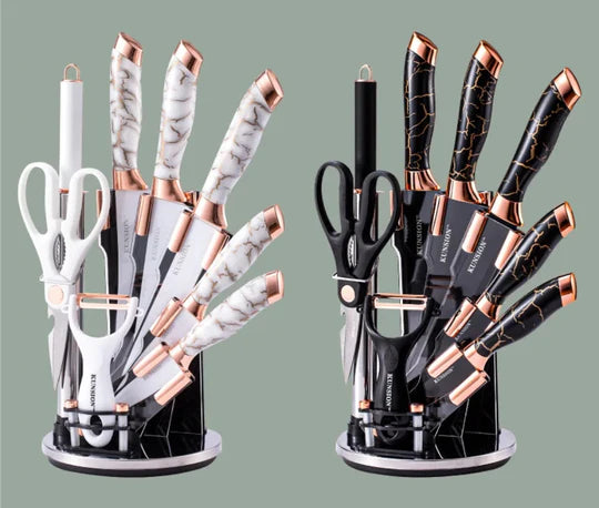 Rose Gold Kitchen Knife Set with Peeler, Scissors & Holder