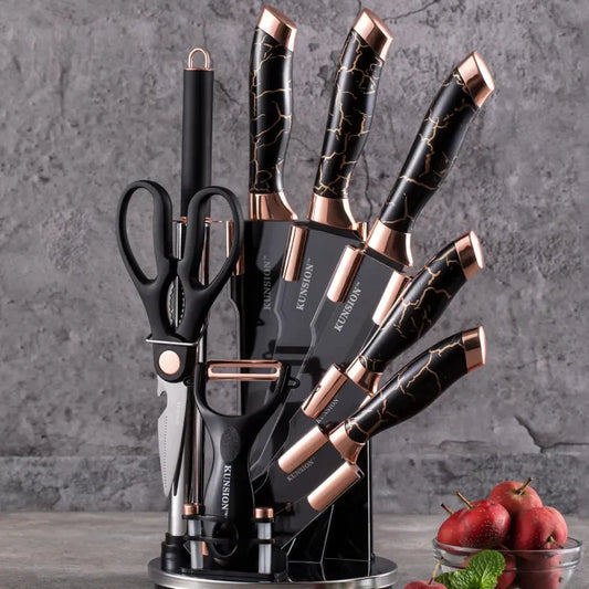 Rose Gold Kitchen Knife Set with Peeler, Scissors & Holder