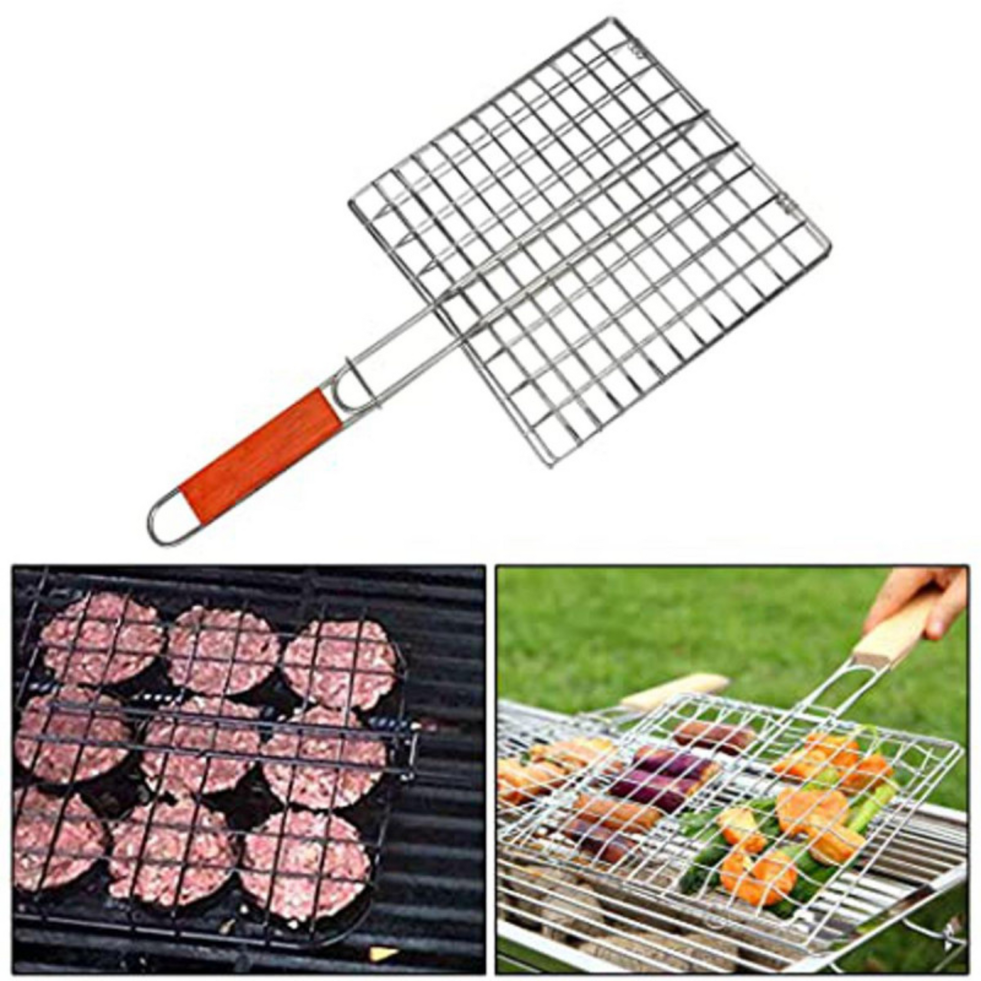 Outdoor BBQ Grilling Basket – Stainless Steel Wire Net with Wooden Handle - Unikaart