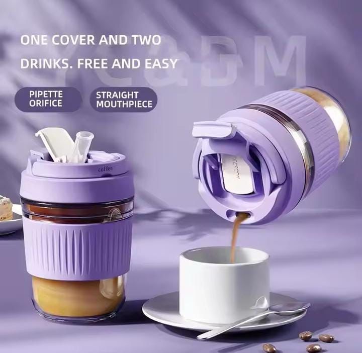 Minimalist Glass Travel Mug – 350ml with Dual Lid & Soft Straw - Unikaart
