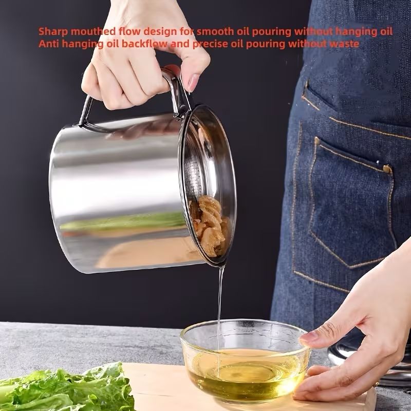 Stainless Steel 1.2 L Oil Storage & Strainer Pot with Lid