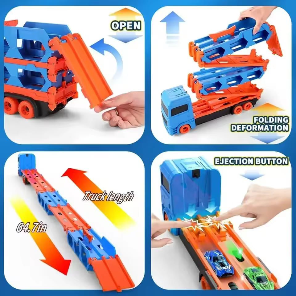 Toddler Transport Truck Toy – Foldable Track & Die-Cast Race Car Carrier